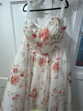 White tulle floral sequin overlay tie strap dress- plus size